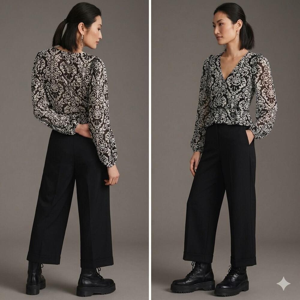 By Anthropologie Shirt Womens XS Black Gray Crop Long Sleeve V Neck Jacquard